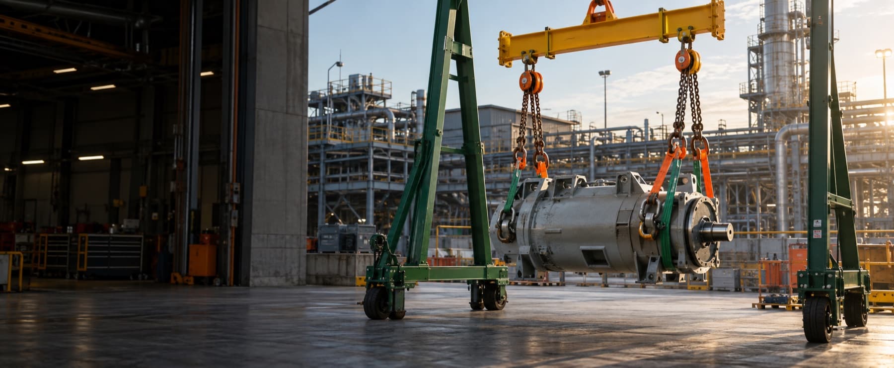 Spreader beam, chain blocks and slings controlling an industrial machinery lift