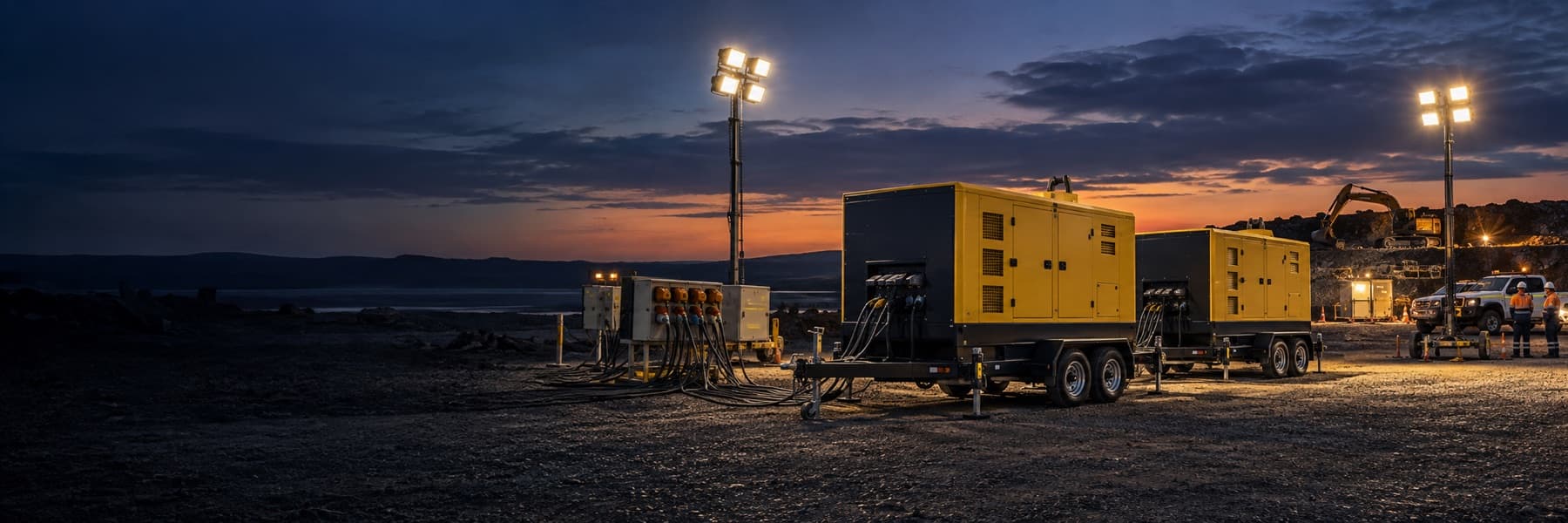 Temporary industrial generators and lighting towers powering a remote worksite