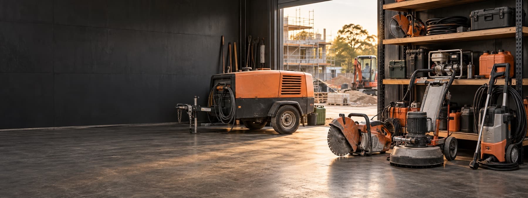 Professional construction tools and portable equipment arranged in a hire workshop