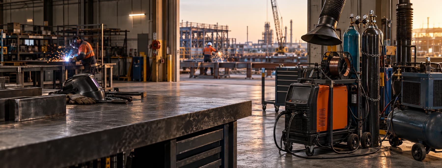 Welding power sources and industrial equipment in a modern fabrication workshop